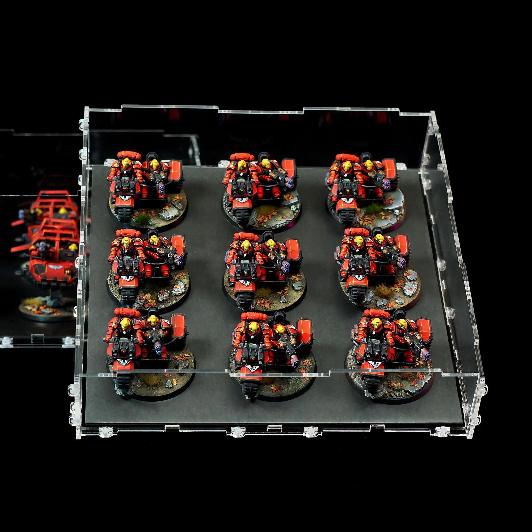 Blood Angel showcased on Crystal Fortress Iron Sheet in action. High-quality protection and display for Warhammer 40K enthusiasts.