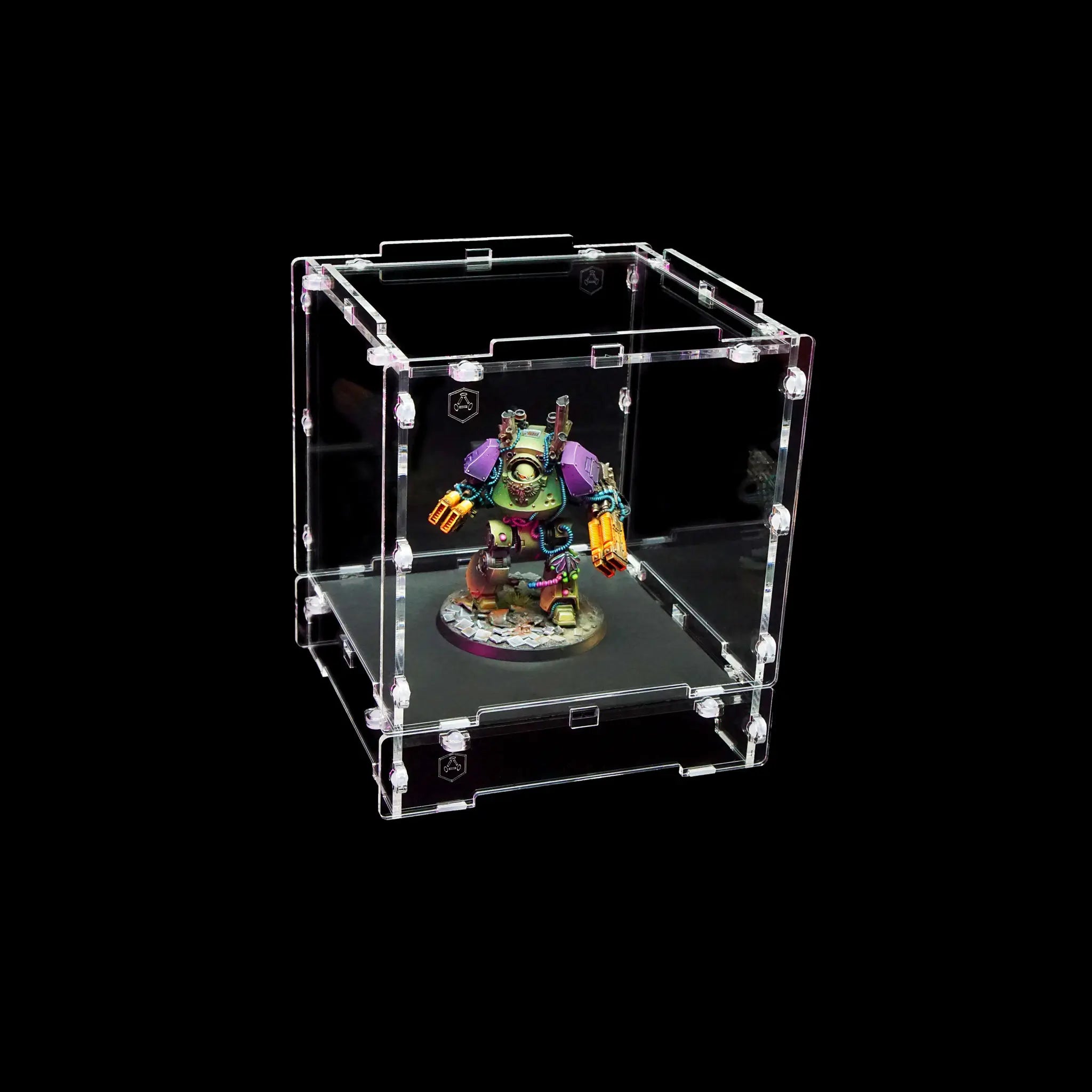 Crystal Fortress Iron Sheet in action, featuring a Blood Angel miniature. Premium display solution for Warhammer 40K enthusiasts.