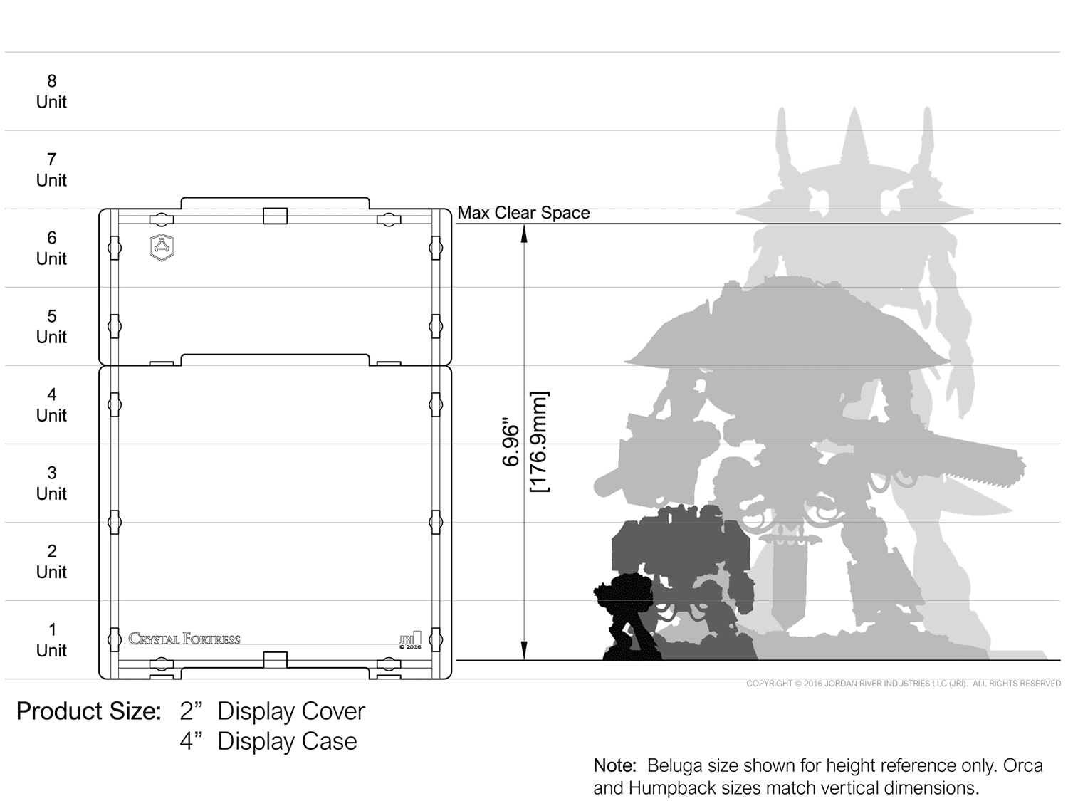 Sizing illustration showing acrylic case and cover height